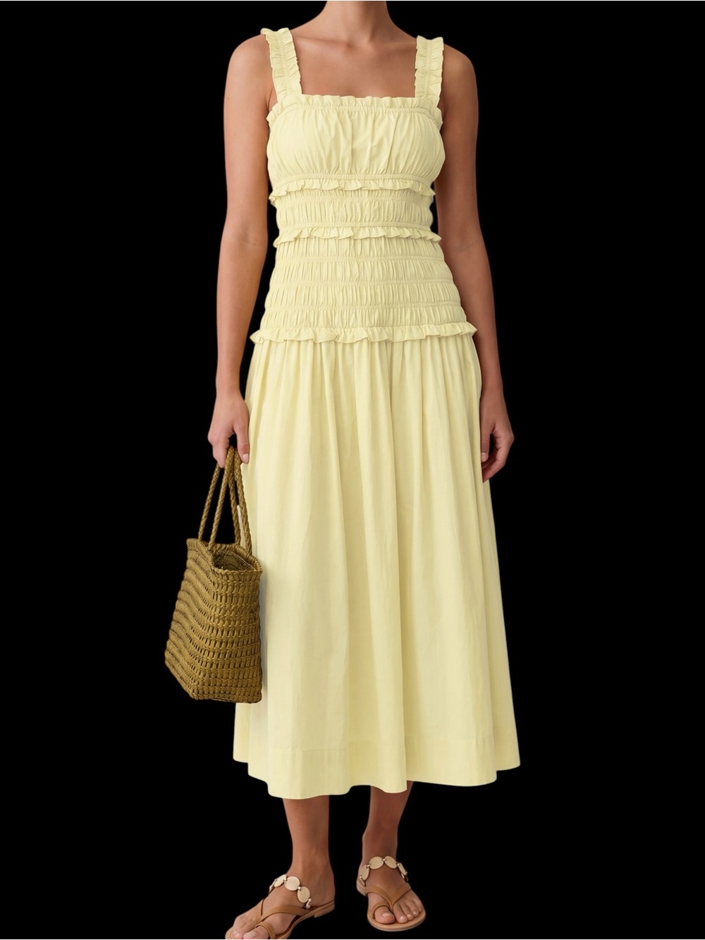 Smocked Midi Dress in Pale Yellow